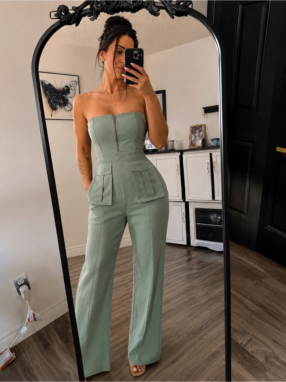 Sage Green Strapless Wide-Leg Jumpsuit